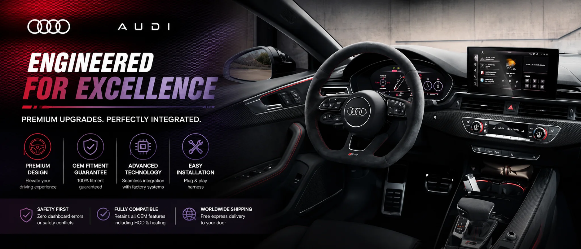 Audi custom carbon fiber steering wheel with OEM fitment, premium interior upgrade, plug-and-play installation and advanced technology.
