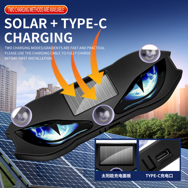 Solar Demon Eye LED Car Window Light, Wireless No Drill Solar And USB Powered Devil Eyes Warning Lights for Cars Windshield Rear Window, Waterproof Eyes Animated for Suvs Trucks Vans