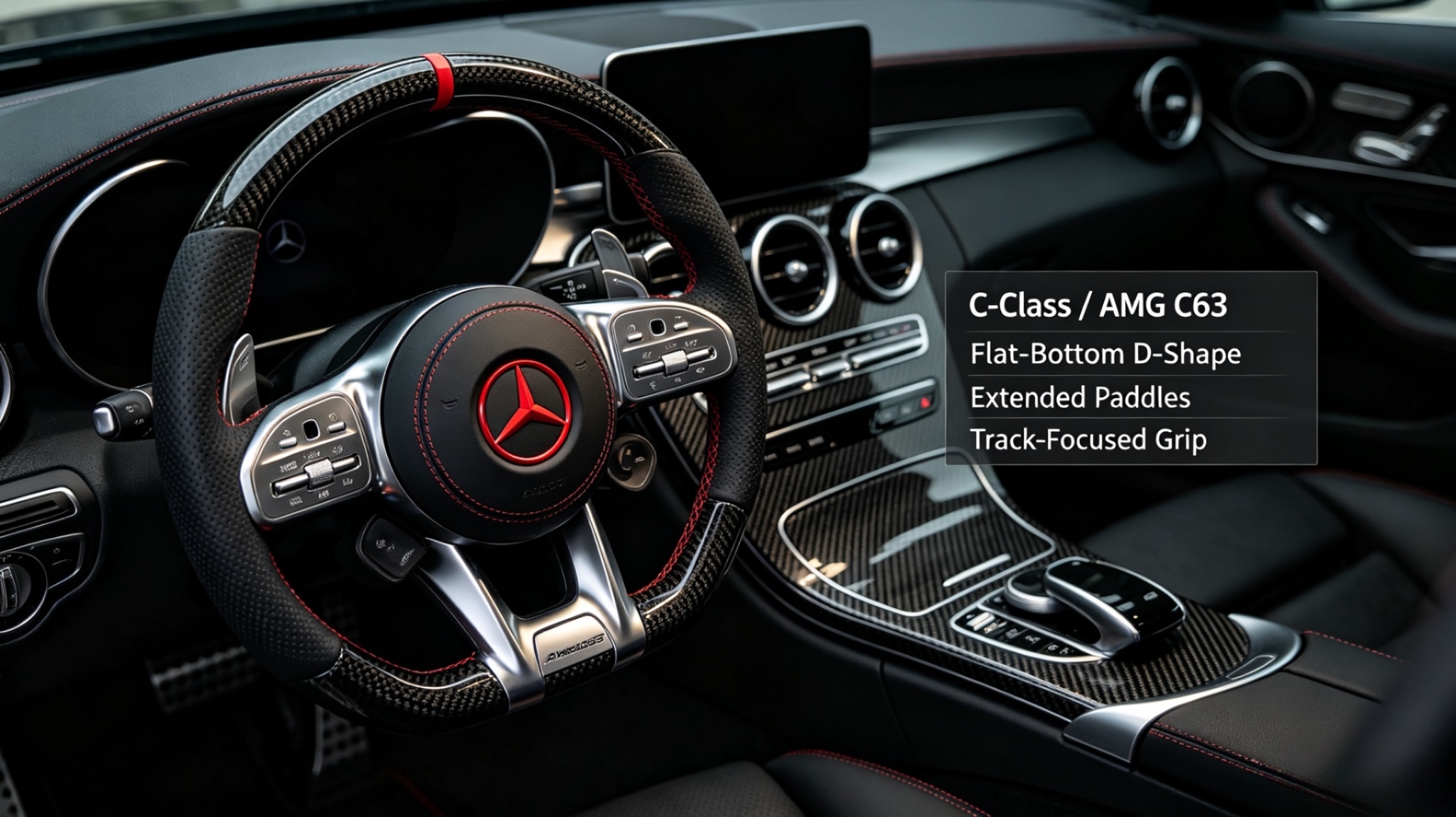 AMG C63 custom carbon fiber steering wheel upgrade with red stitching, flat-bottom D-shape and extended paddle shifters