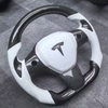 Real Carbon Fiber Steering Wheel for Tesla Model 3 Y S X with White Leather Airbag Cover