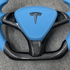 Tesla custom real carbon fiber steering wheel glossy carbon fiber spliced with sea blue Nappa genuine leather Model X steering wheel